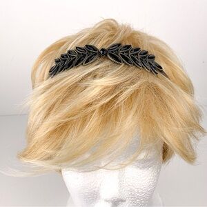 Beaded handband bronze metal band black laurel leaf style beading